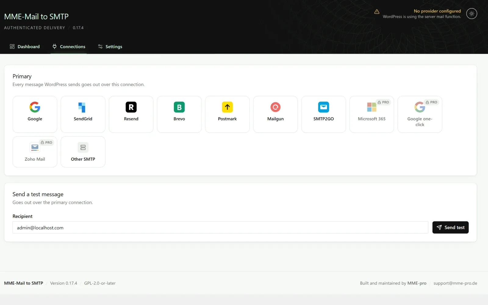 The Connections screen with tiles for Google, SendGrid, Resend, Brevo, Postmark, Mailgun, SMTP2GO, Other SMTP, and the Pro connections Microsoft 365, Google one-click and Zoho Mail.