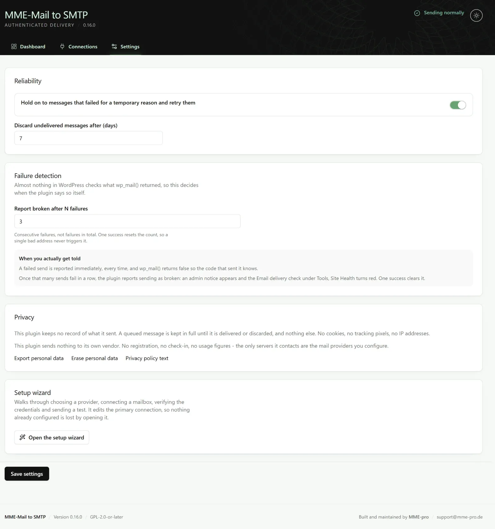 The Settings screen with reliability, failure detection, privacy and setup wizard sections.