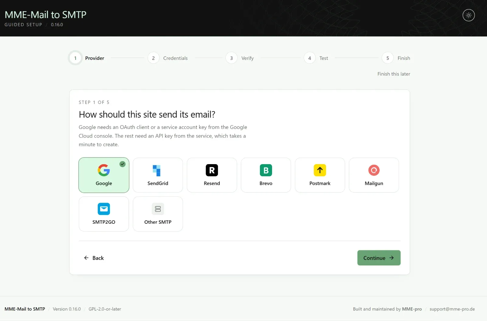 Step 1 of 5 of the setup wizard, asking how the site should send its email.